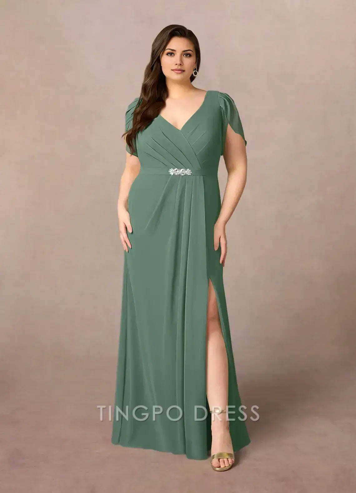 TingPo Wholesale Elegant Plus - Size V - Neck Chiffon Evening Gown with Sheer Flutter Sleeves, Embellished Waist, and Side Slit: Perfect for Formal Occasions